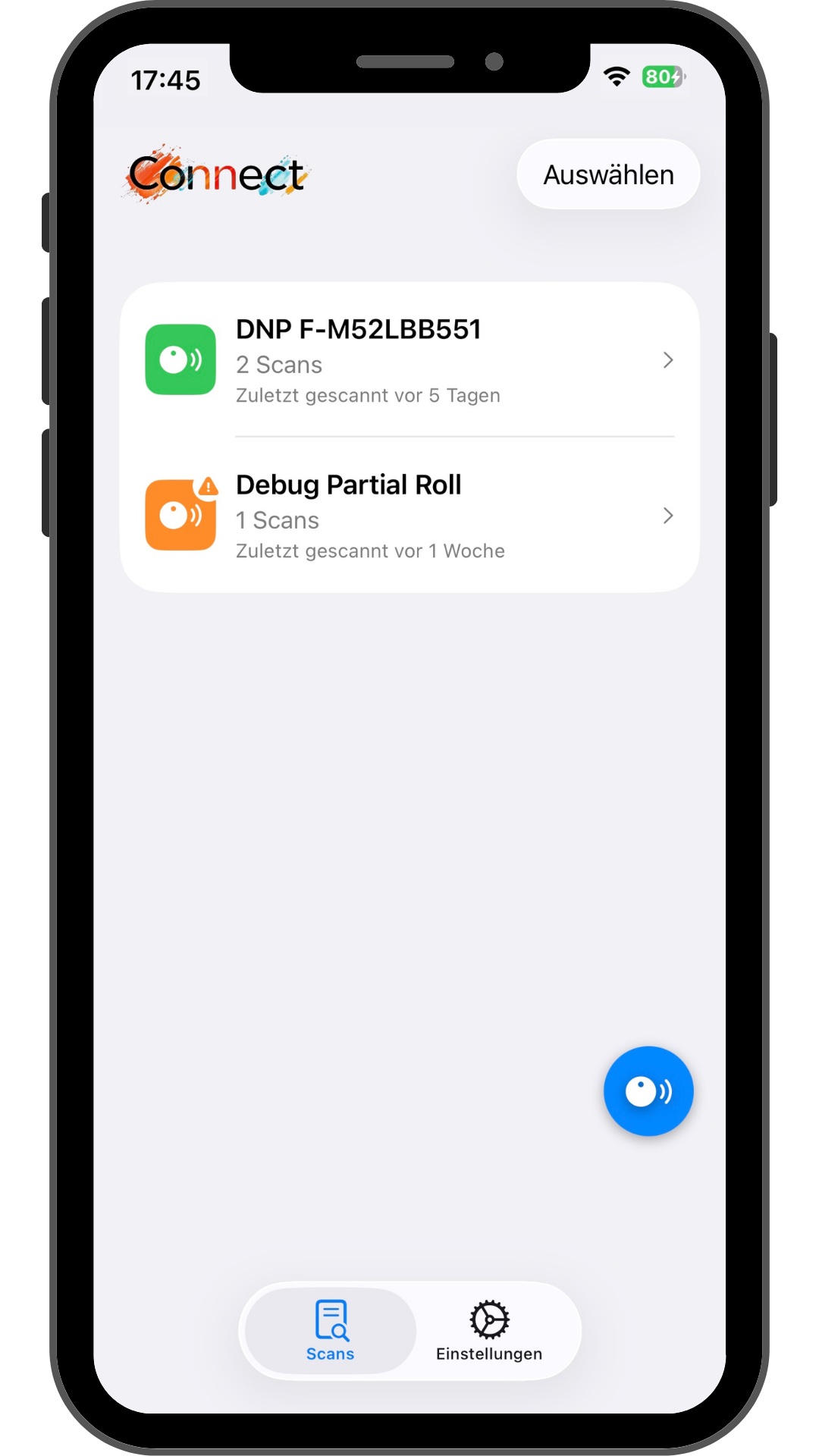 Davexa Connect app: NFC printer roll scan list with usage history