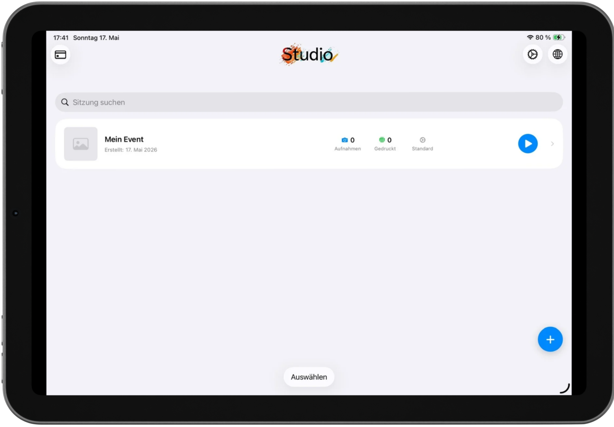 Davexa Studio app: event session list showing session management