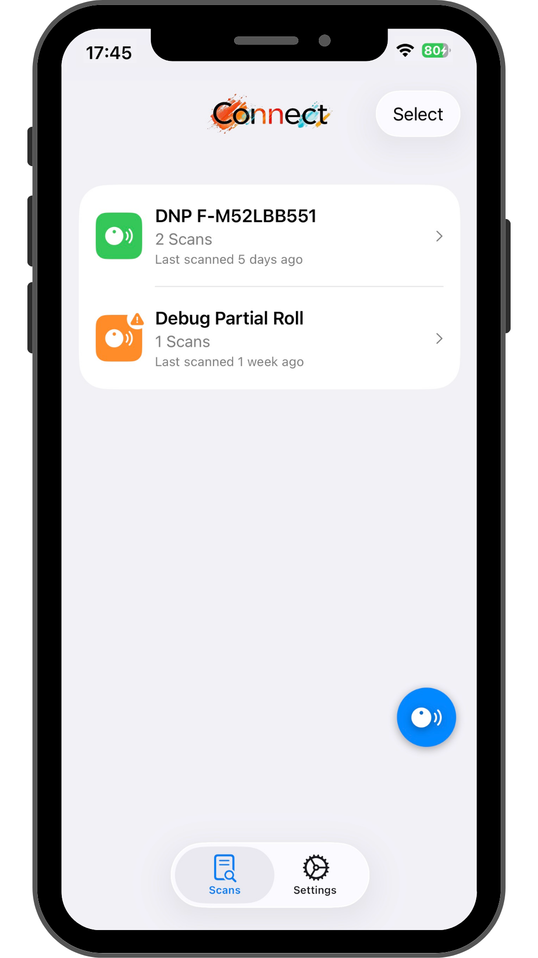 Davexa Connect app: NFC printer roll scan list with usage history