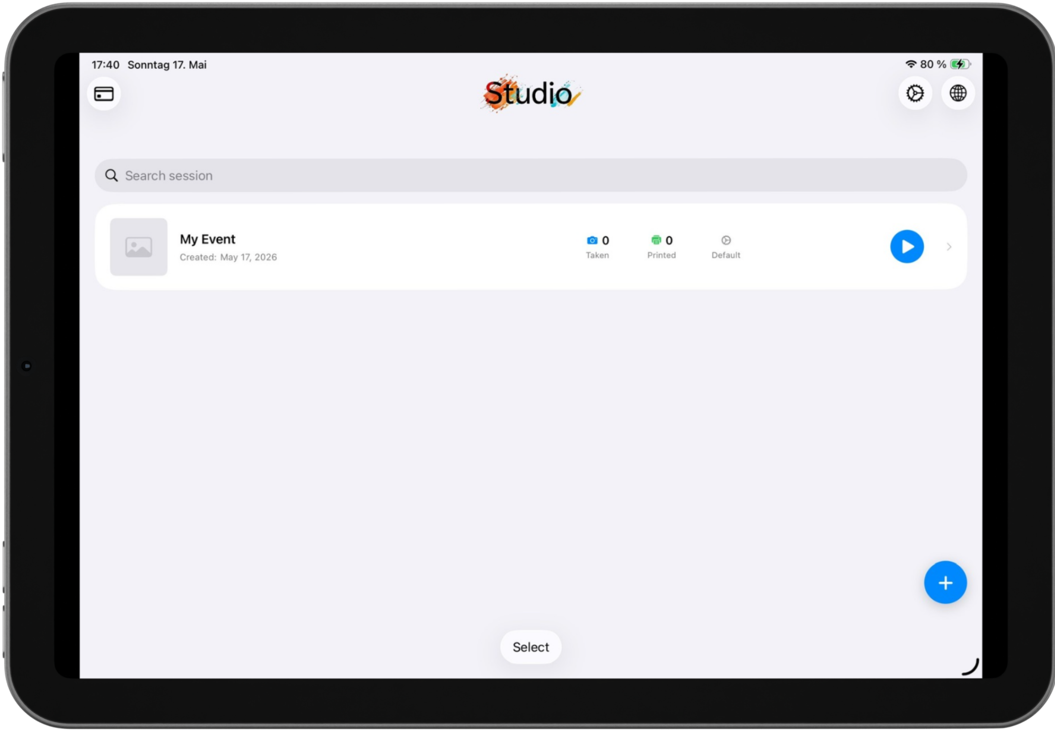 Davexa Studio app: event session list showing session management